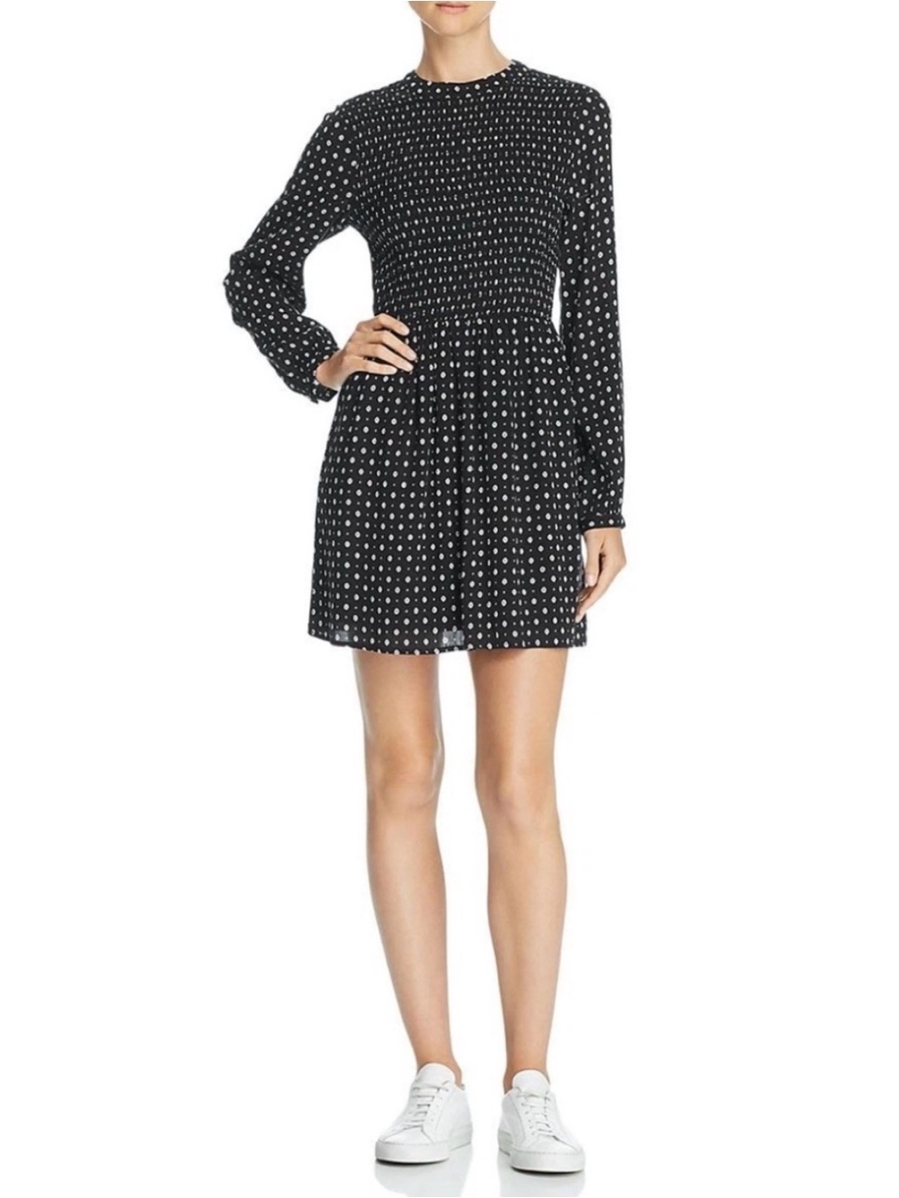 Lost + Wander Black Long-Sleeve Smocked Polka Dot Dress